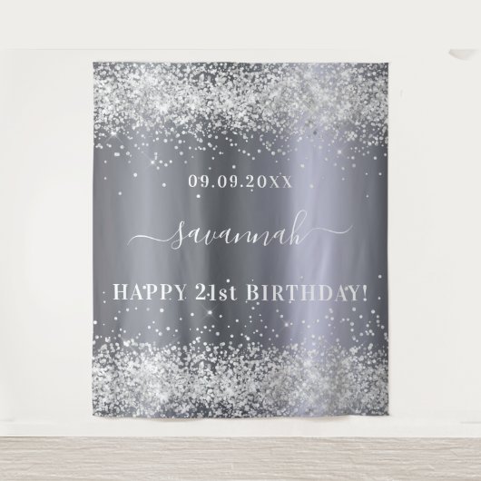 Tenture Anniversaire argent parties scintillant nom décora (Devant)