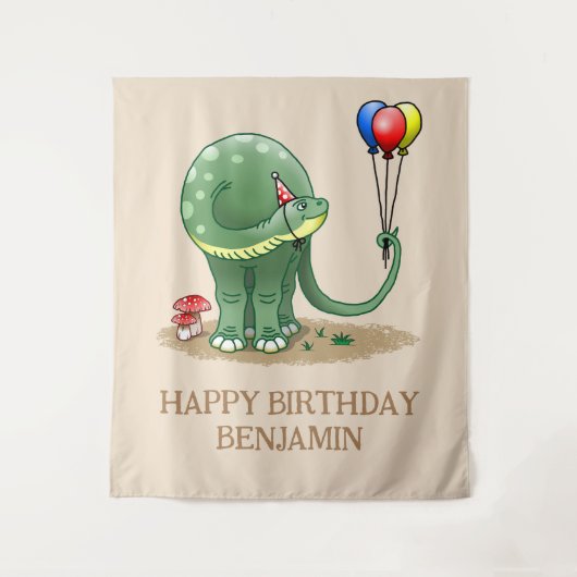 Tenture Anniversaire de dinosaure tenant des ballons (Devant)