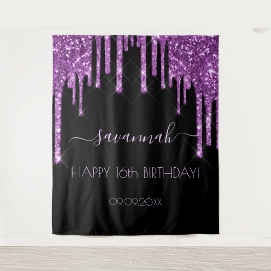Tenture Anniversaire noir violet parties scintillant glam (Devant)