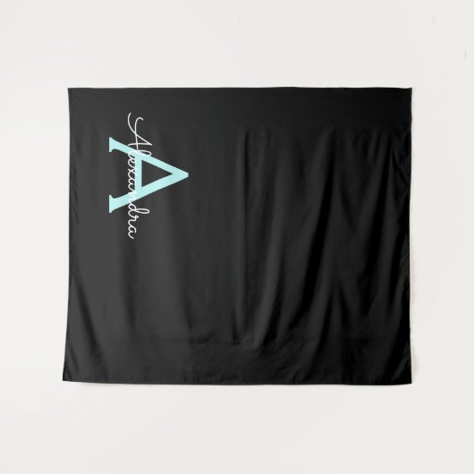 Tenture Aqua Teal Blue Script Girly Monogram (Devant (Horizontal))