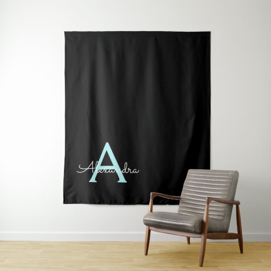 Tenture Aqua Teal Blue Script Girly Monogram (En situation)