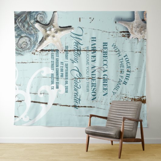 Tenture aqua tropical bleu coquillage plage mariage toile (En situation (horizontale))
