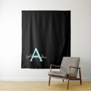 Tenture Aqua Turquoise Blue Script Girl Nom du monogramme