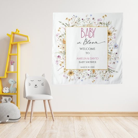 Tenture Aquarelle Baby shower floral blanc