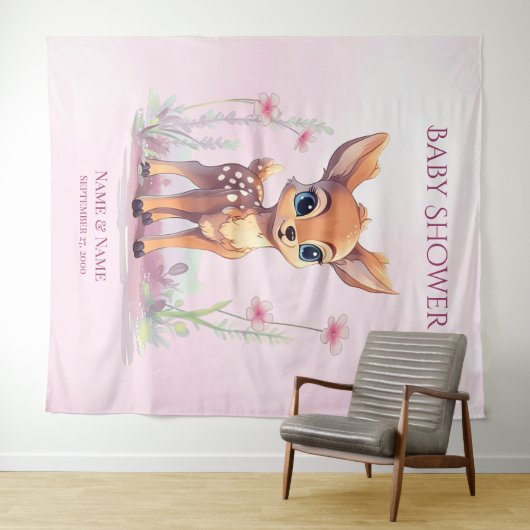 Tenture Aquarelle Bébé Cerf Fleurs roses fond (En situation (horizontale))