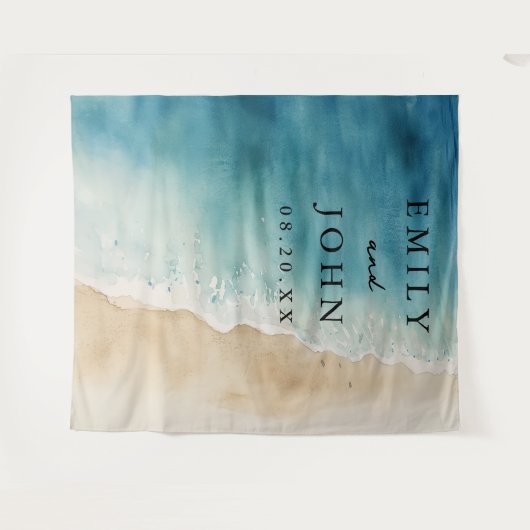 Tenture Aquarelle Bleu Océan Sable Plage Mariage fond (Devant (Horizontal))