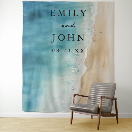 Tenture Aquarelle Bleu Océan Sable Plage Mariage fond (En situation)