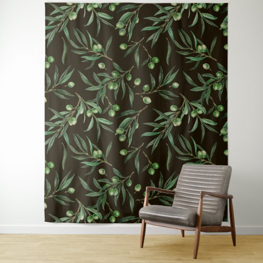 Tenture Aquarelle des branches d'olive en noir (En situation)