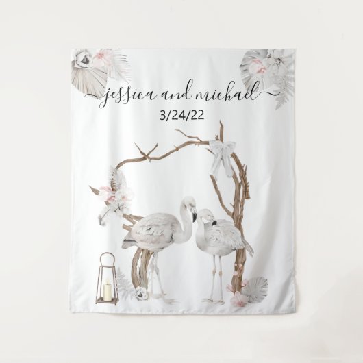 Tenture Aquarelle Flamant rose tropical Boho Blanc Floral (Devant)