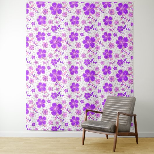 Tenture Aquarelle florale simple impression violet et rose (En situation)