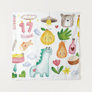 Tenture Aquarelle kawaii doodles isolés sur fond blanc