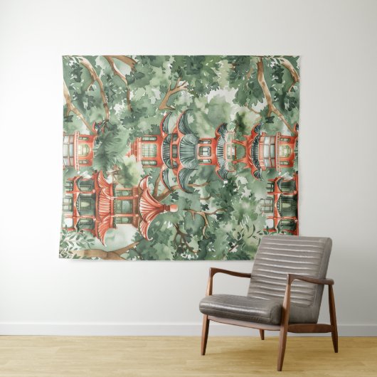 Tenture Aquarelle Pagode asiatique dans paysage verdoyant  (En situation (horizontale))