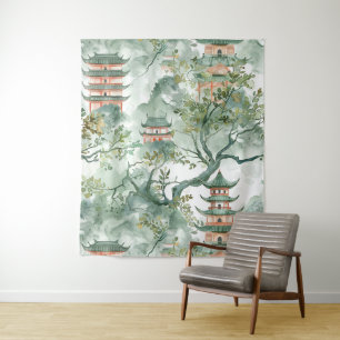 Tenture Aquarelle Pagode asiatique dans paysage verdoyant 