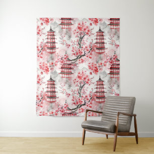 Tenture Aquarelle Pagode chinoise aux fleurs de cerisiers 