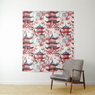Tenture Aquarelle Pagode chinoise avec fleurs de cerisiers