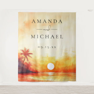 Tenture Aquarelle Plage Coucher de soleil Mariage fond pho