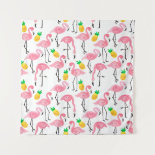 Tenture Aquarelle rose flamant rose et ananas jaune 