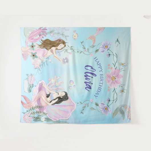 Tenture Aquarelle Whimsical Sirènes fête d'anniversaire (Devant (Horizontal))