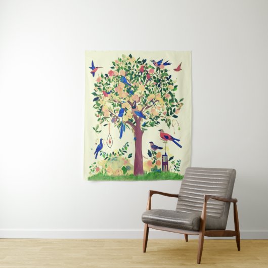 Tenture Arbre de vie avec oiseaux et fleurs (En situation)