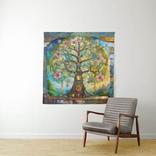 Tenture Arbre de Vie Fleurissant des 7 Chakras (En situation)