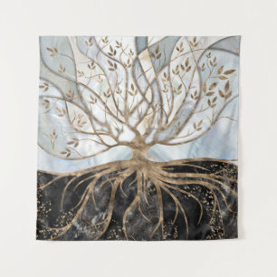 Tenture Arbre de vie - Marbre perle, or et noir