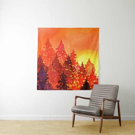 Tenture Arbres d'aquarelle au coucher de soleil chaud (En situation (horizontale))