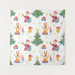 Tenture Arbres de Noël, Père Noël : motif aquarelle.