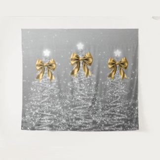 Tenture Arbres scintillants de Noël argent ruban doré faux