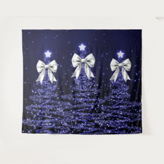 Tenture Arbres scintillants de Noël Navy Faux Nœud Argenté
