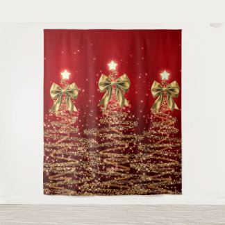 Tenture Arbres scintillants de Noël Rouge Or Faux Nœud 