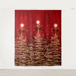 Tenture Arbres scintillants de Noël Rouge Or Faux Nœud 