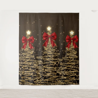 Tenture Arbres scintillants de Noël Rouge Or Faux Nœud 
