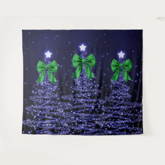 Tenture Arbres scintillants de Noël ruban bleu marine vert