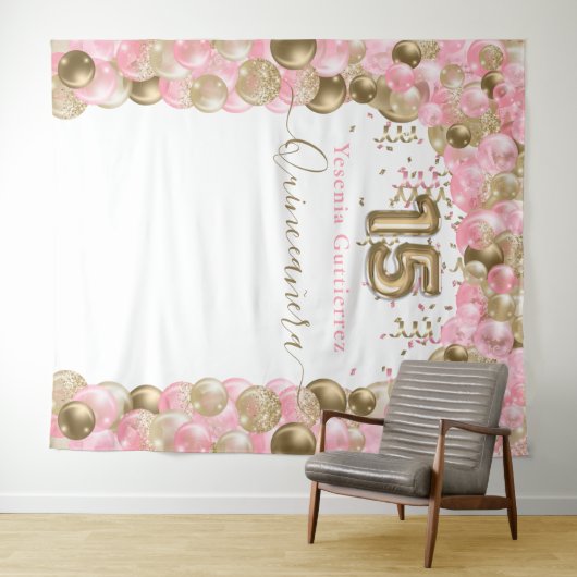Tenture Arc de ballons élégant rose et or pour Quinceanera (En situation (horizontale))