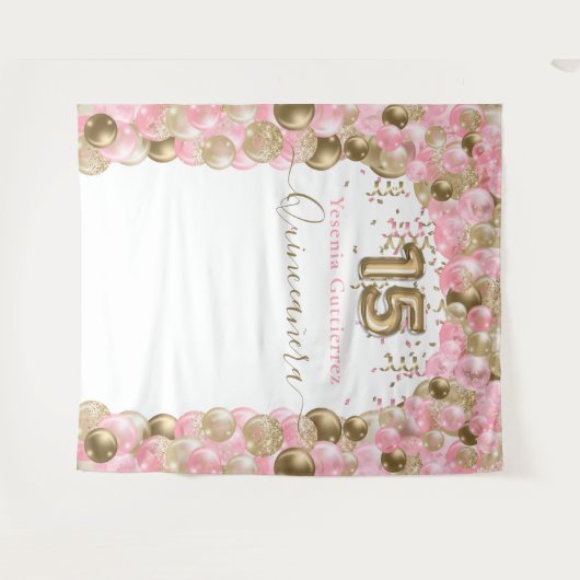 Tenture Arc de ballons élégant rose et or pour Quinceanera (Devant (Horizontal))