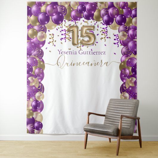 Tenture Arc de ballons élégant violet or pour Quinceanera (En situation)