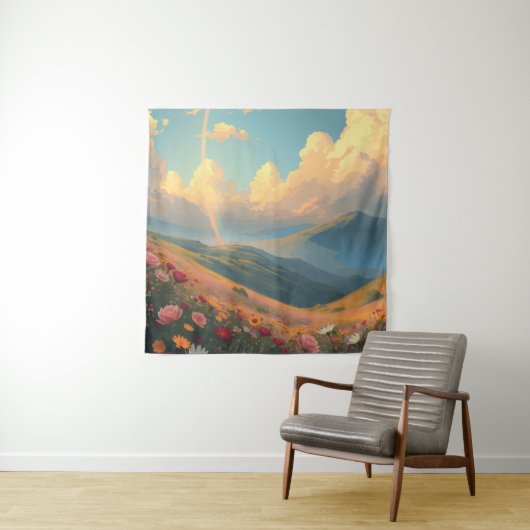 Tenture Arc-en-ciel sur le champ de fleurs (En situation)