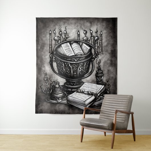 Tenture Argent Steampunk Cauldron Spellbooks et Potions (En situation)