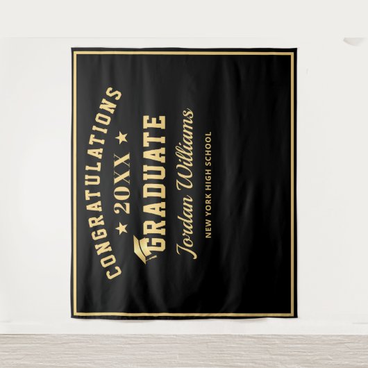 Tenture Arrivée moderne Gold Black Graduation Photo Booth (Devant)