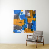 Tenture Art abstrait bleu, orange et gris (En situation)