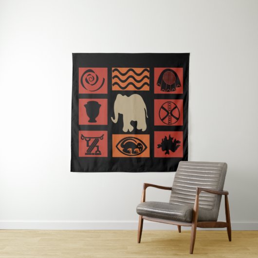 Tenture Art abstrait moderne africain symbole et éléphant (En situation)