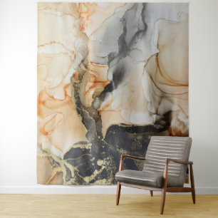 Tenture Art abstrait noir pêche orange gris or 