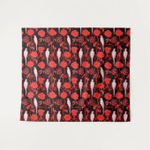 Tenture ART DÉCO FLEURS NOIR ROUGE,PERROQUETS BLANCS Flora (Devant (Horizontal))