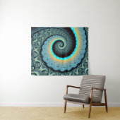 Tenture Art fractal spirale abstrait bleu turquoise orange (En situation (horizontale))