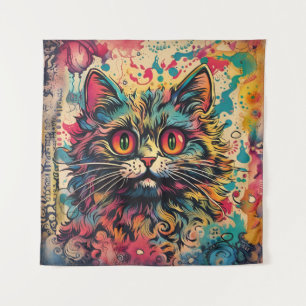 Tenture Art Pop vintage, Style Louis Wain, Beau Chat
