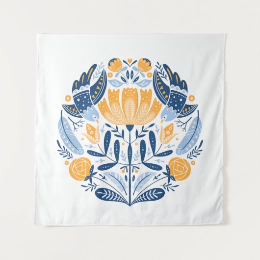 Tenture Art populaire ornement rond avec oiseaux, roses et (Devant)