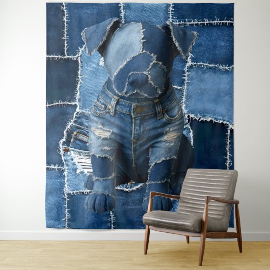 Tenture Artisanat Patchwork Chien Denim (En situation)