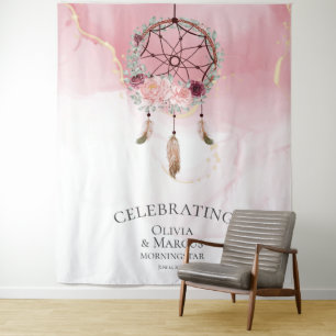 Tenture Attrape-rêve aquarelle rose écarlate bohème