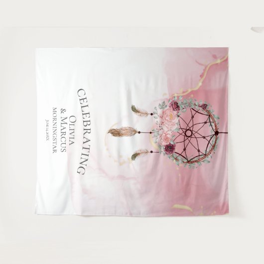 Tenture Attrape-rêves aquarelle rose bohème écarlate (Devant (Horizontal))