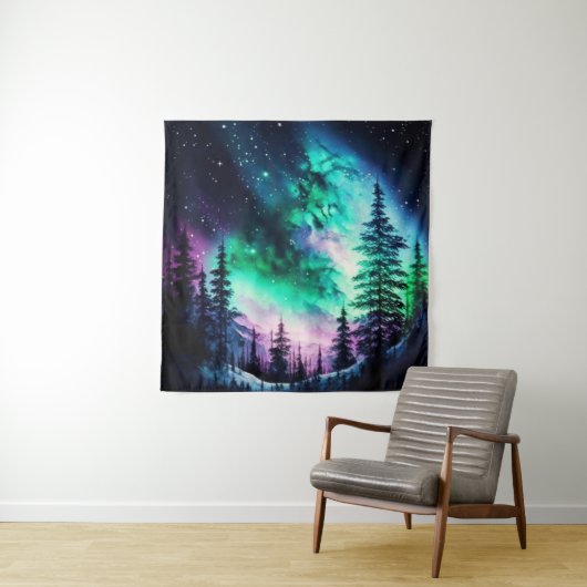 Tenture Aurora céleste boréale Lumières nord vives (En situation)